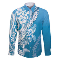 Hawaii Puakenikeni And Maile Lei Family Matching Long Sleeve Bodycon Dress and Hawaiian Shirt Blue Polynesian Shark Tattoo DT05 Dad's Shirt - Long Sleeve Blue - Polynesian Pride