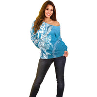 Hawaii Puakenikeni And Maile Lei Off Shoulder Sweater Blue Polynesian Shark Tattoo DT05