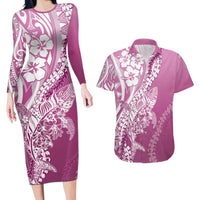 Hawaii Puakenikeni And Maile Lei Couples Matching Long Sleeve Bodycon Dress and Hawaiian Shirt Pink Polynesian Shark Tattoo DT05 Pink - Polynesian Pride