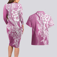 Hawaii Puakenikeni And Maile Lei Couples Matching Long Sleeve Bodycon Dress and Hawaiian Shirt Pink Polynesian Shark Tattoo DT05 - Polynesian Pride