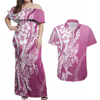 Hawaii Puakenikeni And Maile Lei Couples Matching Off Shoulder Maxi Dress and Hawaiian Shirt Pink Polynesian Shark Tattoo DT05 Pink - Polynesian Pride