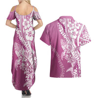 Hawaii Puakenikeni And Maile Lei Couples Matching Summer Maxi Dress and Hawaiian Shirt Pink Polynesian Shark Tattoo DT05 - Polynesian Pride