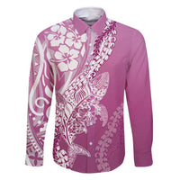 Hawaii Puakenikeni And Maile Lei Family Matching Off Shoulder Short Dress and Hawaiian Shirt Pink Polynesian Shark Tattoo DT05 Dad's Shirt - Long Sleeve Pink - Polynesian Pride