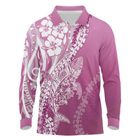 Hawaii Puakenikeni And Maile Lei Long Sleeve Polo Shirt Pink Polynesian Shark Tattoo DT05