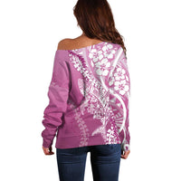 Hawaii Puakenikeni And Maile Lei Off Shoulder Sweater Pink Polynesian Shark Tattoo DT05