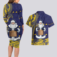 Tokelau Christmas Couples Matching Long Sleeve Bodycon Dress and Hawaiian Shirt Santa With Tuluma Xmas Tribal Waves DT05 - Polynesian Pride
