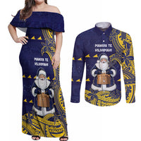 Tokelau Christmas Couples Matching Off Shoulder Maxi Dress and Long Sleeve Button Shirt Santa With Tuluma Xmas Tribal Waves - Polynesian Pride