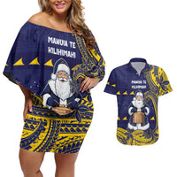 Tokelau Christmas Couples Matching Off Shoulder Short Dress and Hawaiian Shirt Santa With Tuluma Xmas Tribal Waves DT05 Navy - Polynesian Pride