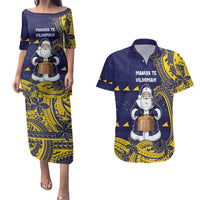 Tokelau Christmas Couples Matching Puletasi and Hawaiian Shirt Santa With Tuluma Xmas Tribal Waves DT05 Navy - Polynesian Pride