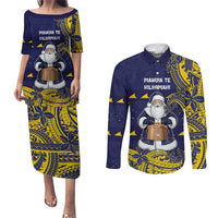 Tokelau Christmas Couples Matching Puletasi and Long Sleeve Button Shirt Santa With Tuluma Xmas Tribal Waves - Polynesian Pride