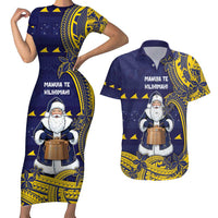 Tokelau Christmas Couples Matching Short Sleeve Bodycon Dress and Hawaiian Shirt Santa With Tuluma Xmas Tribal Waves - Polynesian Pride