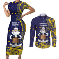 Tokelau Christmas Couples Matching Short Sleeve Bodycon Dress and Long Sleeve Button Shirt Santa With Tuluma Xmas Tribal Waves DT05 Navy - Polynesian Pride