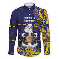 Tokelau Christmas Family Matching Off Shoulder Short Dress and Hawaiian Shirt Santa With Tuluma Xmas Tribal Waves DT05 Dad's Shirt - Long Sleeve Navy - Polynesian Pride