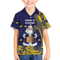 Tokelau Christmas Family Matching Puletasi and Hawaiian Shirt Santa With Tuluma Xmas Tribal Waves DT05 Son's Shirt Navy - Polynesian Pride