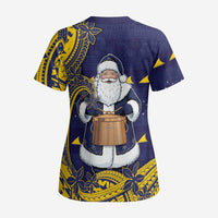 Tokelau Christmas Scrub Top Santa With Tuluma Xmas Tribal Waves - Polynesian Pride