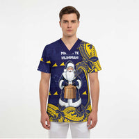 Tokelau Christmas Scrub Top Santa With Tuluma Xmas Tribal Waves - Polynesian Pride