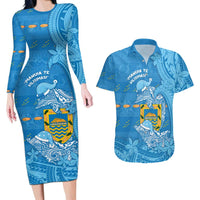 Tuvalu Christmas Couples Matching Long Sleeve Bodycon Dress and Hawaiian Shirt Dolphins Santa Xmas Tribal Waves DT05 Blue - Polynesian Pride