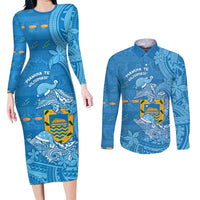 Tuvalu Christmas Couples Matching Long Sleeve Bodycon Dress and Long Sleeve Button Shirt Dolphins Santa Xmas Tribal Waves - Polynesian Pride