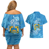 Tuvalu Christmas Couples Matching Off Shoulder Short Dress and Hawaiian Shirt Dolphins Santa Xmas Tribal Waves - Polynesian Pride