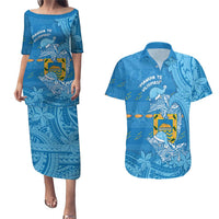 Tuvalu Christmas Couples Matching Puletasi and Hawaiian Shirt Dolphins Santa Xmas Tribal Waves - Polynesian Pride