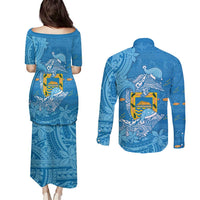 Tuvalu Christmas Couples Matching Puletasi and Long Sleeve Button Shirt Dolphins Santa Xmas Tribal Waves - Polynesian Pride