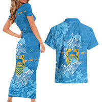 Tuvalu Christmas Couples Matching Short Sleeve Bodycon Dress and Hawaiian Shirt Dolphins Santa Xmas Tribal Waves - Polynesian Pride