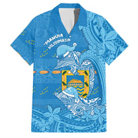 Tuvalu Christmas Family Matching Long Sleeve Bodycon Dress and Hawaiian Shirt Dolphins Santa Xmas Tribal Waves DT05 Dad's Shirt - Short Sleeve Blue - Polynesian Pride