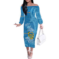 Tuvalu Christmas Family Matching Off The Shoulder Long Sleeve Dress and Hawaiian Shirt Dolphins Santa Xmas Tribal Waves DT05 Mom's Dress Blue - Polynesian Pride
