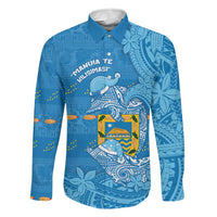 Tuvalu Christmas Family Matching Off Shoulder Short Dress and Hawaiian Shirt Dolphins Santa Xmas Tribal Waves DT05 Dad's Shirt - Long Sleeve Blue - Polynesian Pride