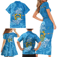 Tuvalu Christmas Family Matching Short Sleeve Bodycon Dress and Hawaiian Shirt Dolphins Santa Xmas Tribal Waves DT05 - Polynesian Pride
