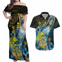 Personalised Tuvalu Couples Matching Off Shoulder Maxi Dress and Hawaiian Shirt Dolphin On The Waves
