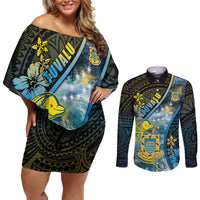 Personalised Tuvalu Couples Matching Off Shoulder Short Dress and Long Sleeve Button Shirt Dolphin On The Waves