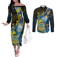 Personalised Tuvalu Couples Matching Off The Shoulder Long Sleeve Dress and Long Sleeve Button Shirt Dolphin On The Waves