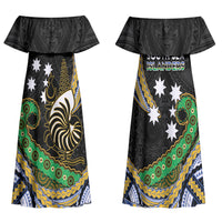 South Sea Islanders And New Caledonia Family Matching Off Shoulder Maxi Dress and Hawaiian Shirt Nautilus Shell Southern Cross Tribal Pattern DT05 Mom's Dress Black - Polynesian Pride