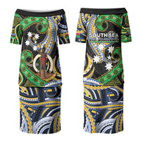 South Sea Islanders And Vanuatu Family Matching Puletasi and Hawaiian Shirt Boar Tusk Warrior Southern Tribal Pattern DT05 Mom's Dress Black - Polynesian Pride