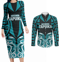 Custom Aotearoa Tapuika Couples Matching Long Sleeve Bodycon Dress and Long Sleeve Button Shirt New Zealand Traditional Maori Pattern DT05 Teal - Polynesian Pride