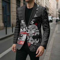Black Palaka Hawaiian And Japanese Blazer Maneki Neko And Sakura Bloom