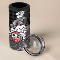 Black Palaka Hawaiian And Japanese 4 in 1 Can Cooler Tumbler Maneki Neko And Sakura Bloom