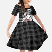 Black Palaka Hawaiian And Japanese Family Matching Short Sleeve Bodycon Dress and Hawaiian Shirt Maneki Neko And Sakura Bloom DT05 Daughter's Dress Black - Polynesian Pride
