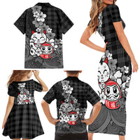 Black Palaka Hawaiian And Japanese Family Matching Short Sleeve Bodycon Dress and Hawaiian Shirt Maneki Neko And Sakura Bloom DT05 - Polynesian Pride