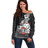 Black Palaka Hawaiian And Japanese Off Shoulder Sweater Maneki Neko And Sakura Bloom