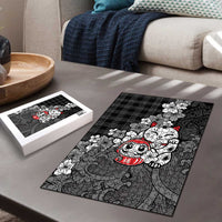 Black Palaka Hawaiian And Japanese Puzzle Maneki Neko And Sakura Bloom