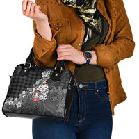 Black Palaka Hawaiian And Japanese Shoulder Handbag Maneki Neko And Sakura Bloom