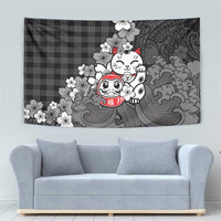 Black Palaka Hawaiian And Japanese Tapestry Maneki Neko And Sakura Bloom