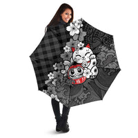 Black Palaka Hawaiian And Japanese Umbrella Maneki Neko And Sakura Bloom