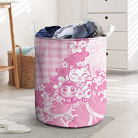 Pink Palaka Hawaiian And Japanese Laundry Basket Maneki Neko And Sakura Bloom