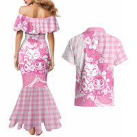 Pink Palaka Hawaiian And Japanese Couples Matching Mermaid Dress and Hawaiian Shirt Maneki Neko And Sakura Bloom DT05 - Polynesian Pride