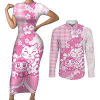 Pink Palaka Hawaiian And Japanese Couples Matching Short Sleeve Bodycon Dress and Long Sleeve Button Shirt Maneki Neko And Sakura Bloom DT05 Pink - Polynesian Pride
