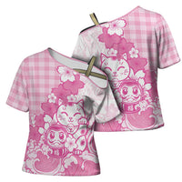 Pink Palaka Hawaiian And Japanese Cross Shoulder Shirt Maneki Neko And Sakura Bloom