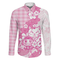Pink Palaka Hawaiian And Japanese Family Matching Summer Maxi Dress and Hawaiian Shirt Maneki Neko And Sakura Bloom DT05 Dad's Shirt - Long Sleeve Pink - Polynesian Pride